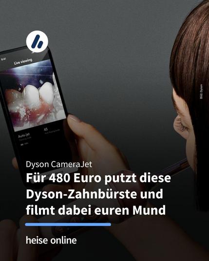Das Bild zeigt eine Frau, die sich mit der Dyson CameraJet-Zahnbürste die Zähne putzt und dabei ein Smartphone in der Hand hält. Auf dem Smartphone-Bildschirm ist eine Liveaufnahme ihres Mundraums zu sehen. Im Bild steht: "Dyson CameraJet
Für 480 Euro putzt diese Dyson-Zahnbürste und 
filmt dabei euren Mund"