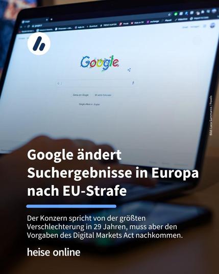 Auf dem Bild ist ein Computerbildschirm mit der Google-Startseite zu sehen. Im Bild steht: "Google ändert Suchergebnisse in Europa nach EU-Strafe" darunter steht: "Der Konzern spricht von der größten Verschlechterung in 29 Jahren, muss aber den Vorgaben des Digital Markets Act nachkommen."
