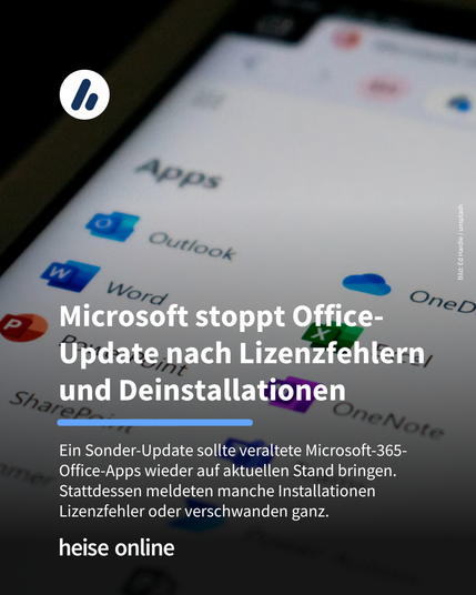 Das Bild zeigt ein Windows Startmenü, auf dem mehrere Microsoft Office-Apps zu sehen sind. Im Bild steht: “Microsoft stoppt Office-Update nach Lizenzfehlern und Deinstallationen” darunter steht: "Ein Sonder-Update sollte veraltete Microsoft-365-Office-Apps wieder auf aktuellen Stand bringen. Stattdessen meldeten manche Installationen Lizenzfehler oder verschwanden ganz."