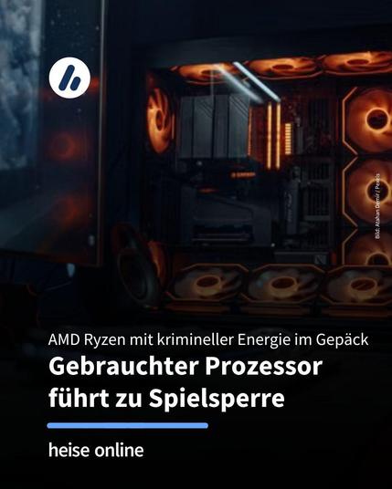 Auf dem Bild ist ein Gaming-PC mit Monitor zu sehen. Im Bild steht: "Gebrauchter Prozessor führt zu Spielsperre" darunter steht: "Ein Gamer baute einen gebrauchten AMD Ryzen 7 5800X3D in seinen PC ein und wurde sofort in Valorant gesperrt, weil der Vorbesitzer beim Cheaten erwischt wurde."