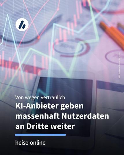 Das Bild zeigt einen Schreibtisch mit überlagerten Datenvisualisierungen und Diagrammen, die Datenströme und Tracking symbolisieren. Im Bild steht: "Von wegen vertraulich KI-Anbieter geben massenhaft Nutzerdaten an Dritte weiter"