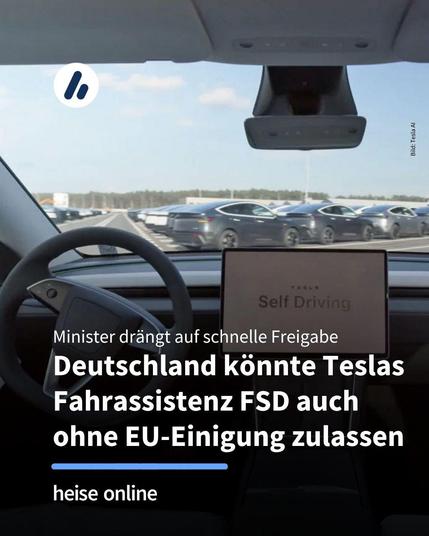 Auf dem Bild ist das Cockpit eines Teslas zu sehen. Im Bild steht: "Minister drängt auf schnelle Freigabe:
Deutschland könnte Teslas Fahrassistenz FSD auch ohne EU-Einigung zulassen"
