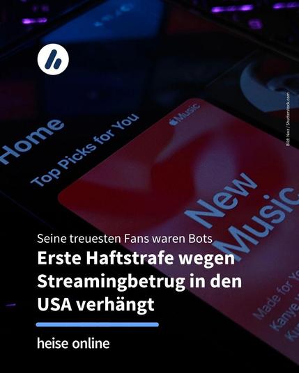 Das Bild zeigt ein Smartphone-Display mit der Oberfläche der Apple-Music-App. Im Bild steht: "Seine treuesten Fans waren Bots:
Erste Haftstrafe wegen Streamingbetrug in den USA verhängt"