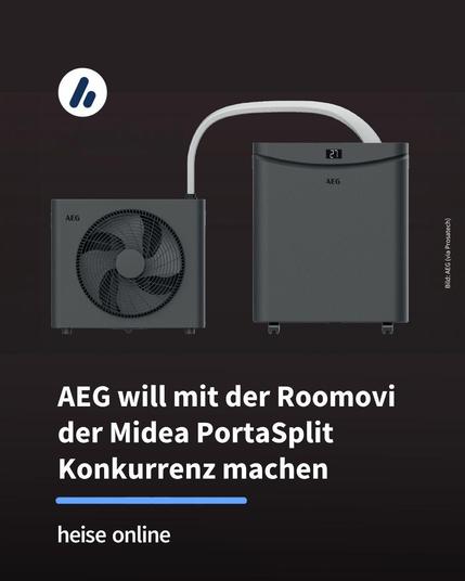 Das Bild zeigt die AEG Roomovi mobile Split-Klimaanlage in Anthrazit. Im Bild steht: "AEG will mit der Roomovi der Midea PortaSplit Konkurrenz machen"