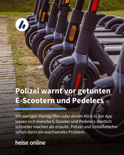 Das Bild zeigt mehrere E-Scooter in einer Reihe. Im Bild steht: “Polizei warnt vor getunten E-Scootern und Pedelecs” darunter steht: "Mit wenigen Handgriffen oder einem Klick in der App lassen sich manche E-Scooter und Pedelecs deutlich schneller machen als erlaubt. Polizei und Unfallforscher sehen darin ein wachsendes Problem."