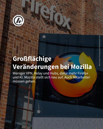 Auf dem Bild sieht man das Mozilla-Hauptgebäude und ein großes Firefox-Logo. Die Überschrift lautet "Großflächige Veränderungen bei Mozilla", untertitelt mit den Worten: Weniger VPN, Relay und Hubs, dafür mehr Firefox und KI. Mozilla stellt sich neu auf. Auch Mitarbeiter müssen gehen.