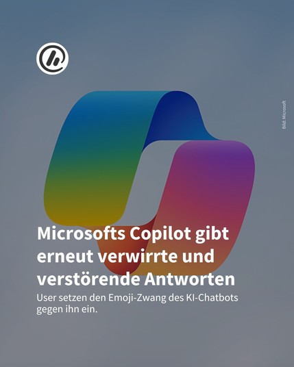 Auf dem Bild sieht man das Logo von Microsoft Copilot. Überschrift: Microsofts Copilot gibt erneut verwirrte und verstörende Antworten. Subline: User setzen den Emoji-Zwang des KI-Chatbots gegen ihn ein. 