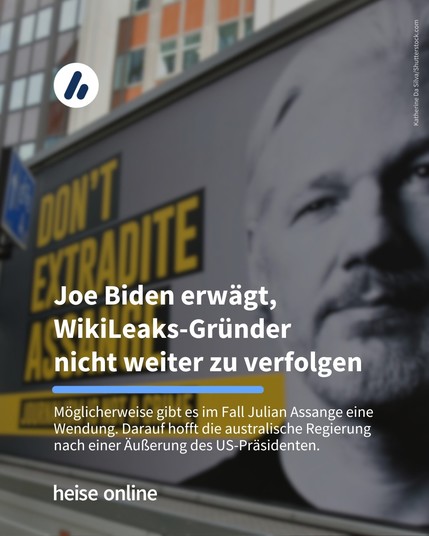 Auf dem Bild sieht man ein Poster mit einem Foto von Julian Assange. Darauf steht "Don't extradite Assange - Journalism is not a crime". Die Überschrift der News lautet: Joe Biden erwägt, WikiLeaks-Gründer nicht weiter zu verfolgen. Darunter steht: Möglicherweise gibt es im Fall Julian Assange eine Wendung. Darauf hofft die australische Regierung nach einer Äußerung des US-Präsidenten.