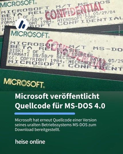 In der Überschrift steht "Microsoft veröffentlicht Quellcode für MS-DOS 4.0" darunter steht: "Microsoft hat erneut Quellcode einer Version 
seines uralten Betriebssystems MS-DOS zum Download bereitgestellt."
