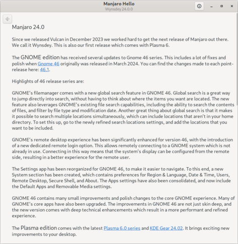 Bleiwüstiges Info-Fenster mit viel Text zu Manjaro 24.0 mit Highlights, unter anderen KDE Plasma 6.
