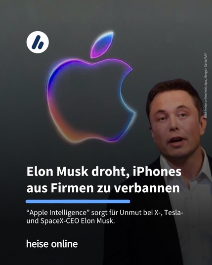 Auf dem Bild sieht man das Apple Logo und Elon Musk. Die Überschrift lautet: Elon Musk droht, iPhones aus Firmen zu verbannen. Darunter steht: “Apple Intelligence” sorgt für Unmut bei X-, Tesla- und SpaceX-CEO Elon Musk.