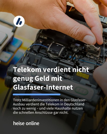 Auf dem Bild sieht man eine Person, die an einem Glasfaserkabel arbeitet. Im Bild steht: "Telekom verdient nicht genug Geld mit 
Glasfaser-Internet" dadrunter steht: "Trotz Milliardeninvestitionen in den Glasfaser-Ausbau verdient die Telekom in Deutschland 
noch zu wenig – und viele Haushalte nutzen 
die schnellen Anschlüsse gar nicht."