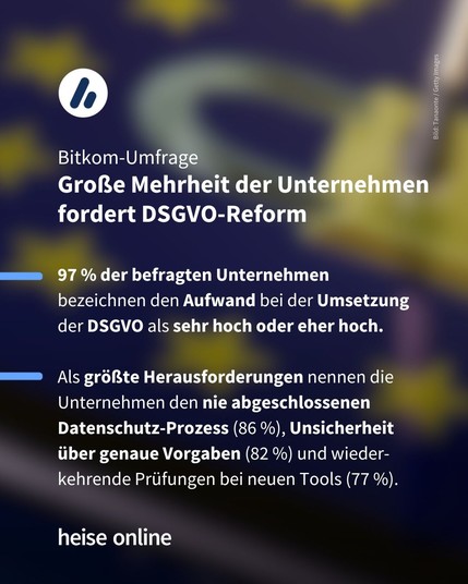 Im Bild steht: "Bitkom-Umfrage
Große Mehrheit der Unternehmen fordert DSGVO-Reform" dadrunter steht: "97 % der befragten Unternehmen
bezeichnen den Aufwand bei der Umsetzung der DSGVO als sehr hoch oder eher hoch.

Als größte Herausforderungen nennen die Unternehmen den nie abgeschlossenen Datenschutz-Prozess (86 %), Unsicherheit über genaue Vorgaben (82 %) und wieder-kehrende Prüfungen bei neuen Tools (77 %)."