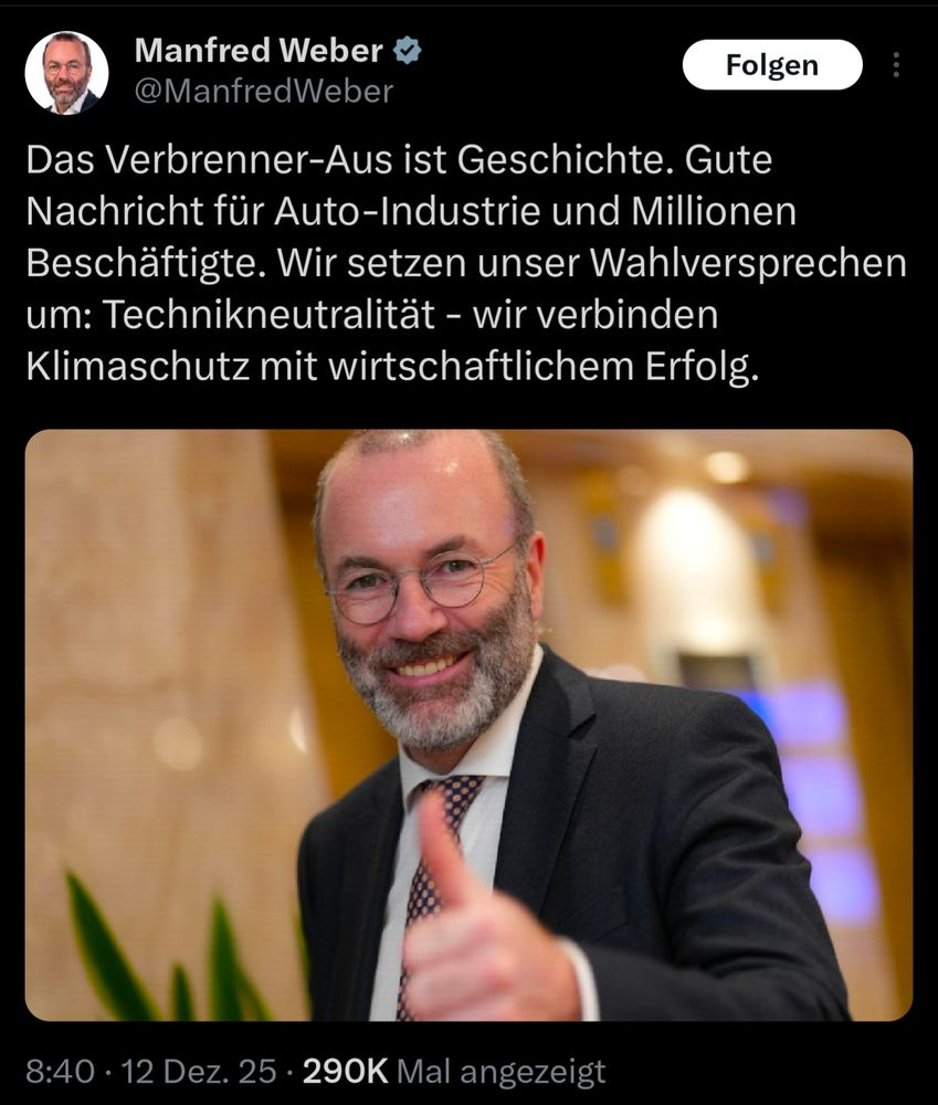 Manfred Weber feiert das Verbrennerausaus