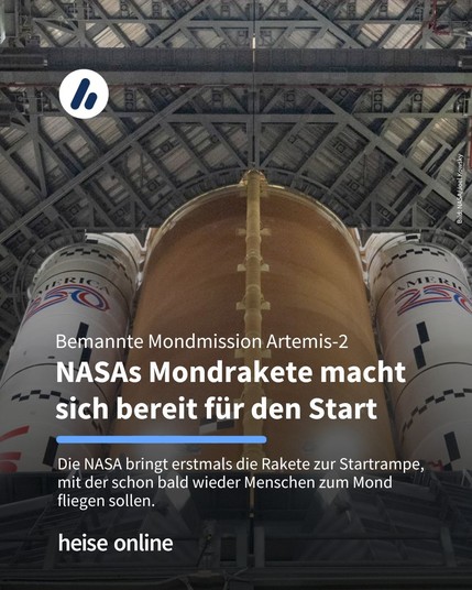 Auf dem Bild sieht die Riesenrakete SLS im Vehicle Assembly Building. Im Bild steht: "Bemannte Mondmission: Artemis-2
NASAs Mondrakete macht sich bereit für den Start" darunter steht: "Die NASA bringt erstmals die Rakete zur Startrampe, mit der schon bald wieder Menschen zum Mond fliegen sollen." 