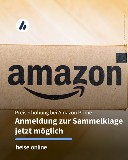 Auf dem Bild sieht man ein Amazon-Paket. Im Bild steht: "Preiserhöhung bei Amazon Prime:
Anmeldung zur Sammelklage jetzt möglich"