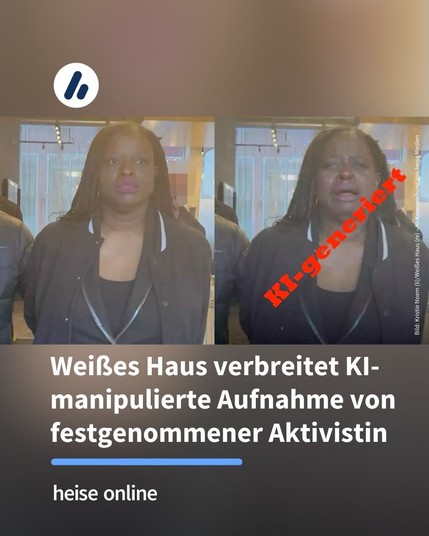 Auf dem Bild ist das Originalfoto von Nekima Levy Armstrong mit gefasster Miene zu sehen. Daneben ist die vom Weißen Haus verbreitete Version zu sehen, auf der Nekima Levy mit verheultem Gesicht und klagendem Blick zu sehen ist. Im Bild steht: "Weißes Haus verbreitet KI-manipulierte Aufnahme von festgenommener Aktivistin"