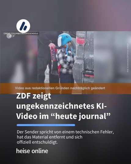 Im Bild steht: "ZDF zeigt ungekennzeichnetes KI-Video im “heute journal” Darunter steht: "Der Sender spricht von einem technischen Fehler, hat das Material entfernt und sich 
offiziell entschuldigt."  