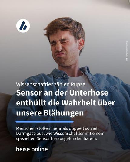 Das Bild zeigt einen sitzenden Mann, der sich die Hand auf den Bauch hält. Im Bild steht: "Sensor an der Unterhose enthüllt die Wahrheit über unsere Blähungen" darunter steht: "Wissenschaftler haben mit einem speziellen Sensor herausgefunden, dass Menschen durchschnittlich 32 Mal pro Tag Darmgase ausstoßen – mehr als doppelt so viel wie bisher angenommen."