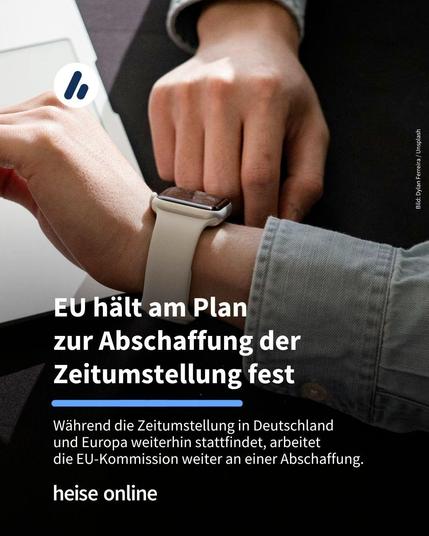 Auf dem Bild ist eine Person mit einer Apple Watch am Handgelenk zu sehen. Im Bild steht: "EU hält am Plan 
zur Abschaffung der 
Zeitumstellung fest" darunter steht: "Während die Zeitumstellung in Deutschland 
und Europa weiterhin stattfindet, arbeitet 
die EU-Kommission weiter an einer Abschaffung."